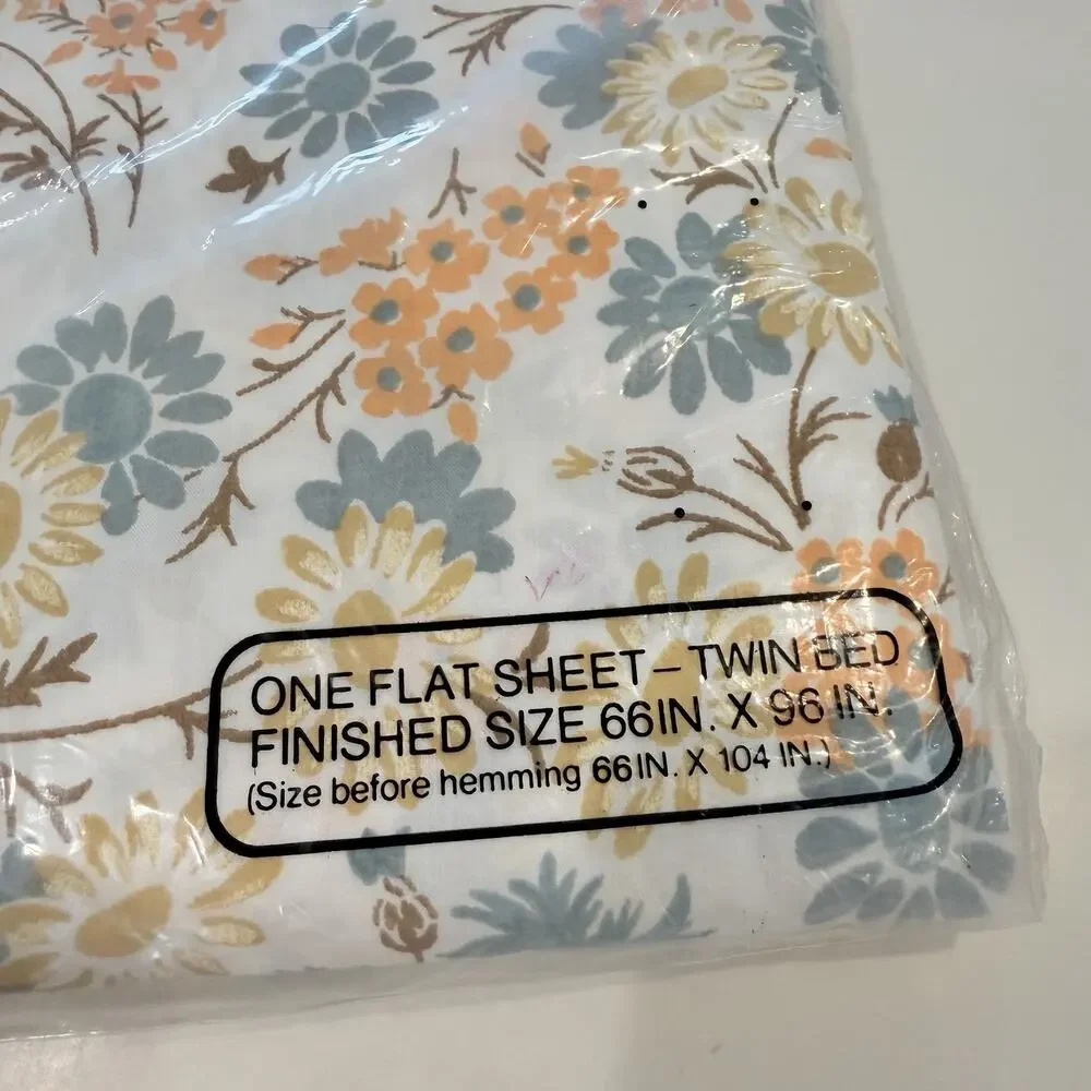 Vintage NEW JC Penney Percale Sheet Twin Size Flat Floral Blue Tan Floral NEW